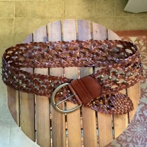 Another Line Inc Leather Wide Woven Braided Studded Belt Chestnut SZ L